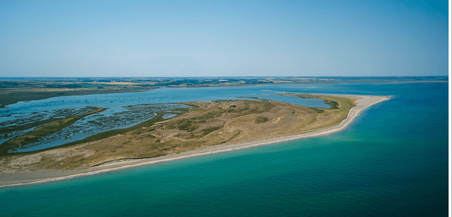 Aerial view of Scolt Head Island, a barrier island and nature reserve off the Norfolk coast